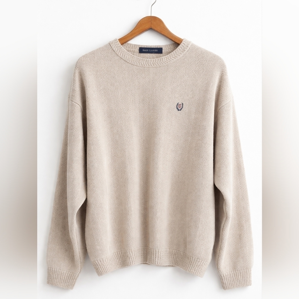 Chaps Ralph Lauren Men's Beige Crewneck Knit Cotton Preppy Casual Sweater Sz M. - Picture 2 of 16